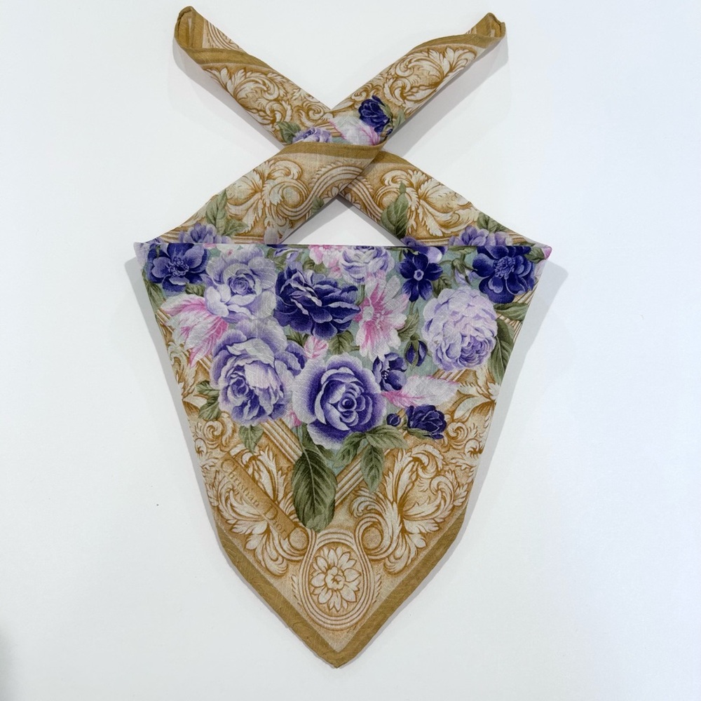 WOMEN HANDKERCHIEF CHRISTIAN DIOR Woven Floral Purple Rose Gold Scarf COTTON 20”